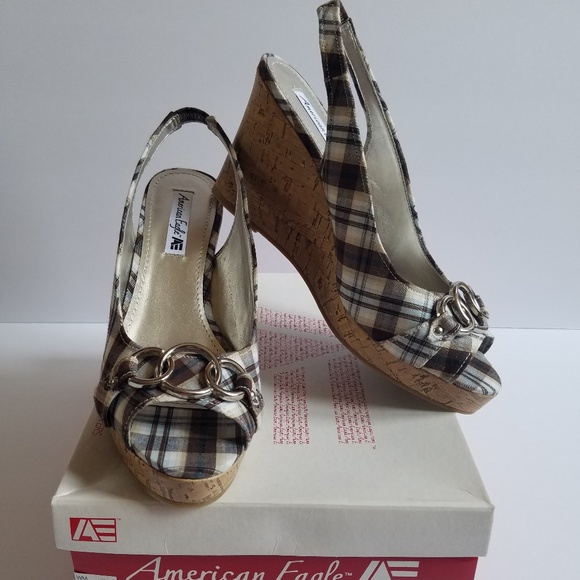 American Eagle By Payless Shoes - American Eagle Plaid Slingback Cork Wedge Sandals